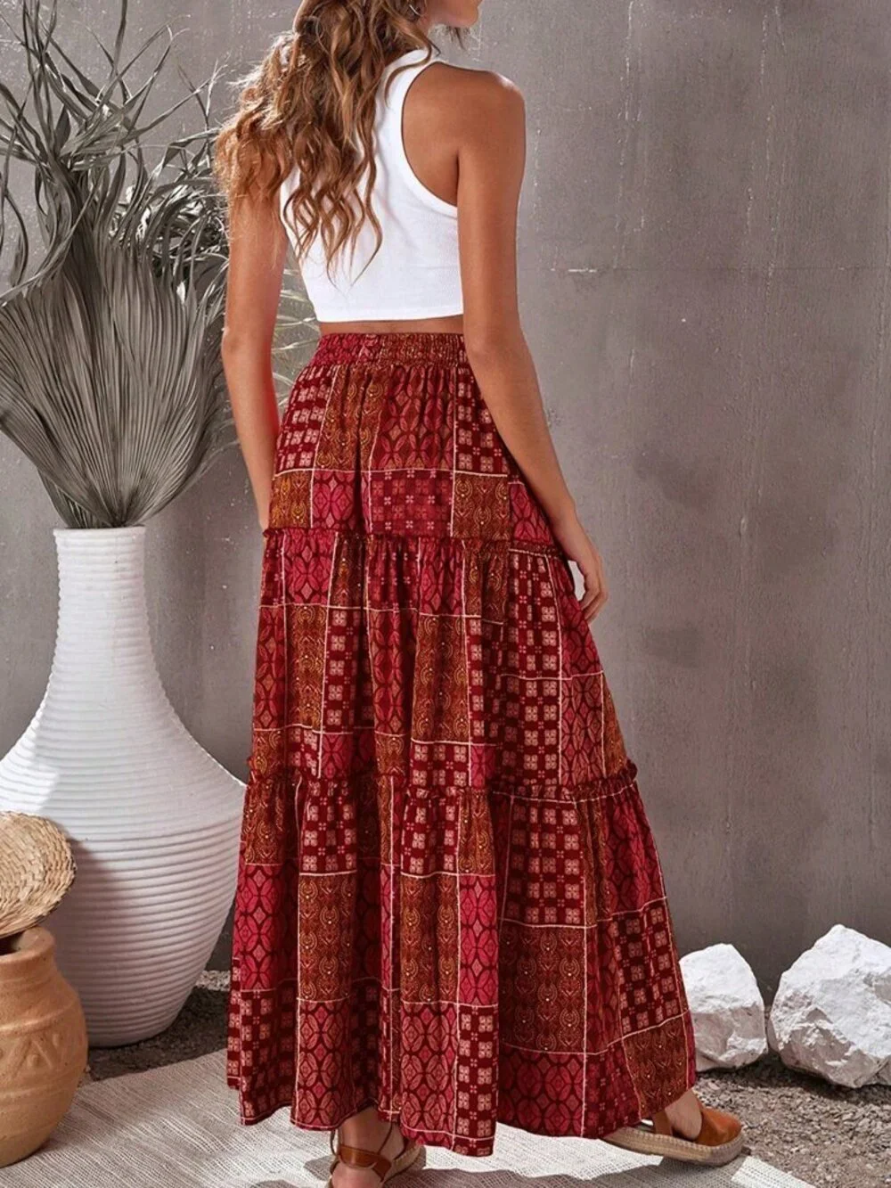 Burgundy Bohemian Women's High Waist Skirt with Floral Print Lace Hem